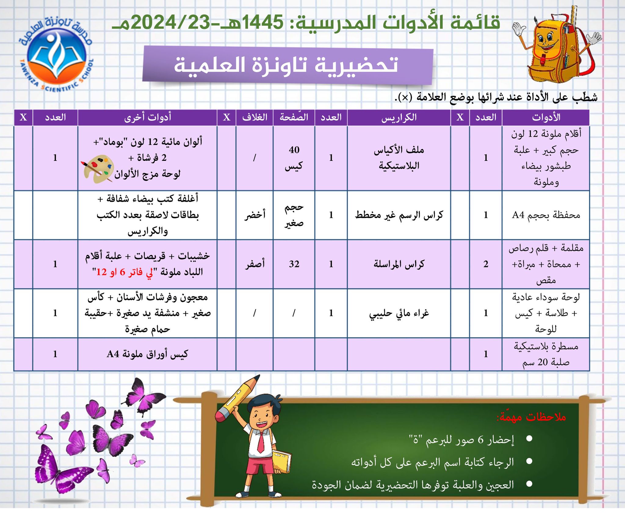 قائمة الأدوات المدرسية لكل الاطوار الموسم  : 1445هـ- 2024-23م