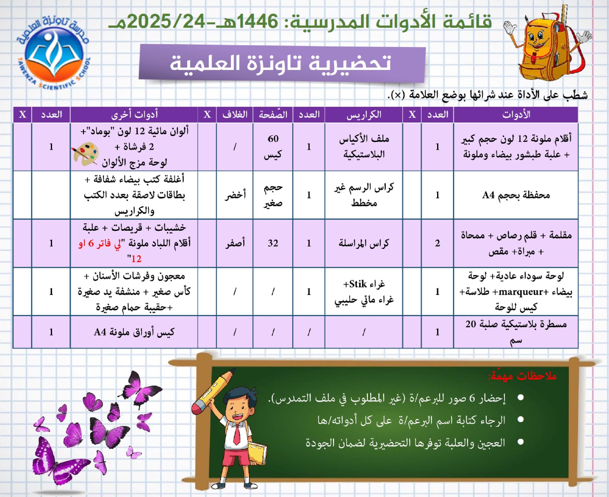 قائمة الأدوات المدرسية الموسم المدرسي 1446هـ- 2025.24م