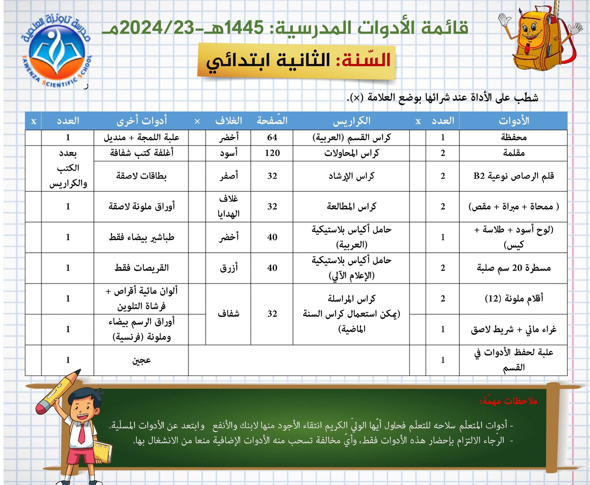 قائمة الأدوات المدرسية لكل الاطوار الموسم : 1445هـ- 2024-23م